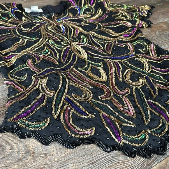 Vintage Lawrence Kazar sequined beaded silk top GVC size M - Picture 3 of 12
